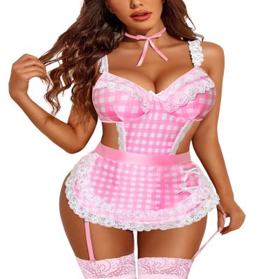 Avidlove Womens Lingerie Sets Lace V Neck Teddy Babydoll 3 Pack Lingerie Costumes Sleepwear Dress Pink Plaid S