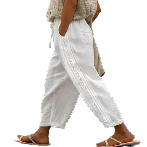 DMOYALA White Elastic Waist Pants for Women Summer Lightweight Cotton Linen Cropped Boho Travel Pants Breathable Baggy High Waist With Pockets, Large