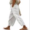 DMOYALA White Elastic Waist Pants for Women Summer Lightweight Cotton Linen Cropped Boho Travel Pants Breathable Baggy High Waist With Pockets, Large view 1