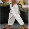 DMOYALA White Elastic Waist Pants for Women Summer Lightweight Cotton Linen Cropped Boho Travel Pants Breathable Baggy High Waist With Pockets, Large view 2