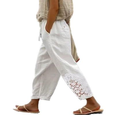 DMOYALA White Elastic Waist Pants for Women Summer Lightweight Cotton Cropped Linen Boho Travel Pants Breathable Baggy High Waist With Pockets, Medium