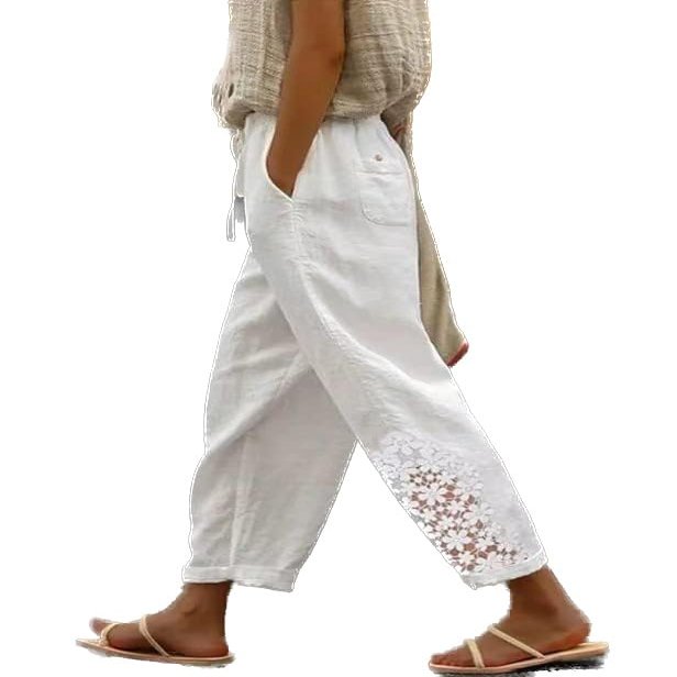 DMOYALA White Elastic Waist Pants for Women Summer Lightweight Cotton Cropped Linen Boho Travel Pants Breathable Baggy High Waist With Pockets, Medium