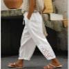 DMOYALA White Elastic Waist Pants for Women Summer Lightweight Cotton Cropped Linen Boho Travel Pants Breathable Baggy High Waist With Pockets, Medium view 2