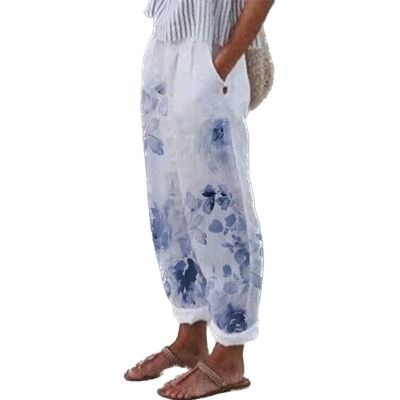 DMOYALA Woman Straight Leg Cropped Palazzo Pants Summer Casual Capri Lounge Pants Beach Pants Breathable Baggy High Waist Printed Palazzo Pants with Pockets Blue Floral