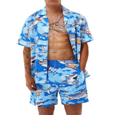 Poekuao Men's Hawaiian Matching Set Summer Beach Swim Outfits 2 Piece Flower Tropical Short Sleeve Cuban Shirts and Shorts Suits (shark,2xl)