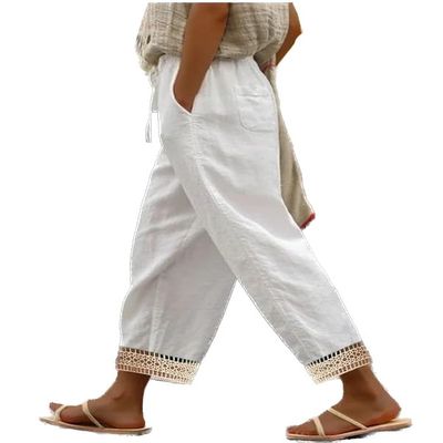 DMOYALA Women Elastic Waist Pants for Women Summer Lightweight Cotton Cropped Linen Pants Boho Travel Pants Cropped Hollow Out Linen Pants Breathable White High Waist Pants with Pockets