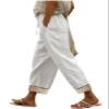 DMOYALA Women Elastic Waist Pants for Women Summer Lightweight Cotton Cropped Linen Pants Boho Travel Pants Cropped Hollow Out Linen Pants Breathable White High Waist Pants with Pockets view 1