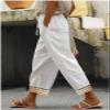 DMOYALA Women Elastic Waist Pants for Women Summer Lightweight Cotton Cropped Linen Pants Boho Travel Pants Cropped Hollow Out Linen Pants Breathable White High Waist Pants with Pockets view 2