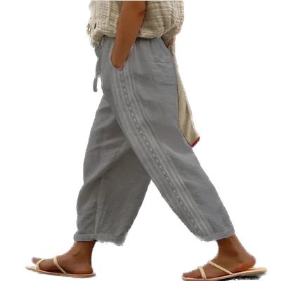 DMOYALA Women Elastic Waist Pants for Women Summer Lightweight Cotton Cropped Linen Pants Boho Travel Pants Cropped Hollow Out Linen Pants Breathable High Waist Trousers with Pockets
