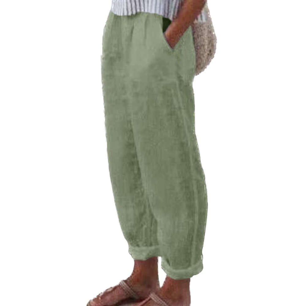 Linen Pants Women Plus Size Elastic Waist Trousers Realxed Fit Linen Jogger Pants Green Women Summer Beach Wide Leg Loose Fit Linen Pants Drawstring Women Linen Pants Petite Length with Pockets