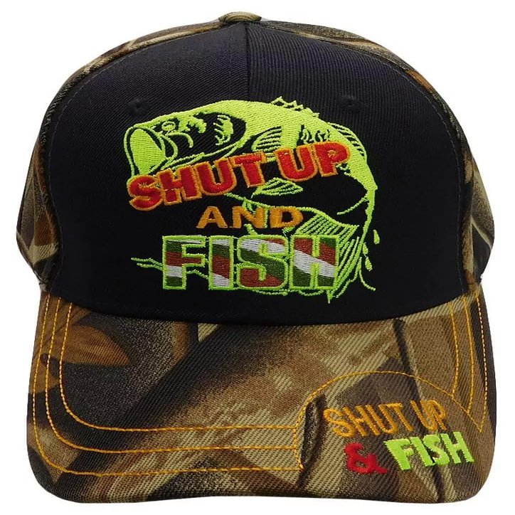 COLL7AWS Shut Up and Fish Camouflage with Black Front Embroidered Cap Hat