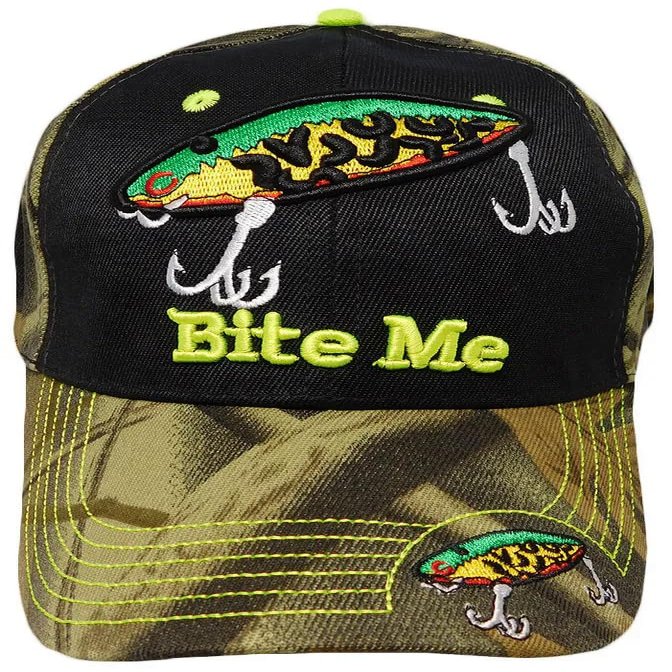 COLL7AWS Bite Me Fishing Lure Fish Bass Black Front Camouflage Back Embroidered Cap Hat