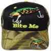 COLL7AWS Bite Me Fishing Lure Fish Bass Black Front Camouflage Back Embroidered Cap Hat view 1