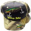 COLL7AWS Bite Me Fishing Lure Fish Bass Black Front Camouflage Back Embroidered Cap Hat view 2