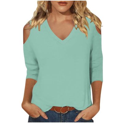 3/4 Length Sleeve Womens Tops Sexy Off The Shoulder Tops for Women Summer V Neck T-Shirt Solid Color/Graphic Tees 2025 Casual Clothes Business Dressy Top Trendy Going Out Shirts Boho Fashion Cute