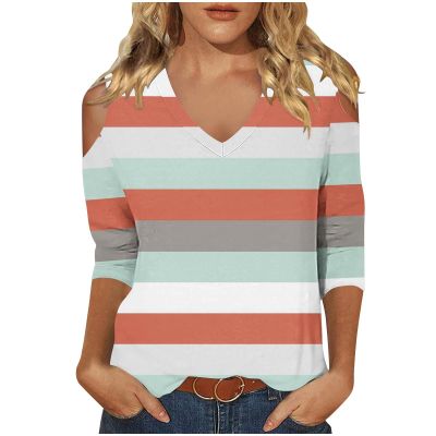 3/4 Length Sleeve Womens Tops Sexy Off The Shoulder Tops for Women Summer V Neck T-Shirt Solid Color /Graphic Tees 2025 Casual Clothes Business Dressy Top Trendy Going Out Shirts Boho Fashion Cute