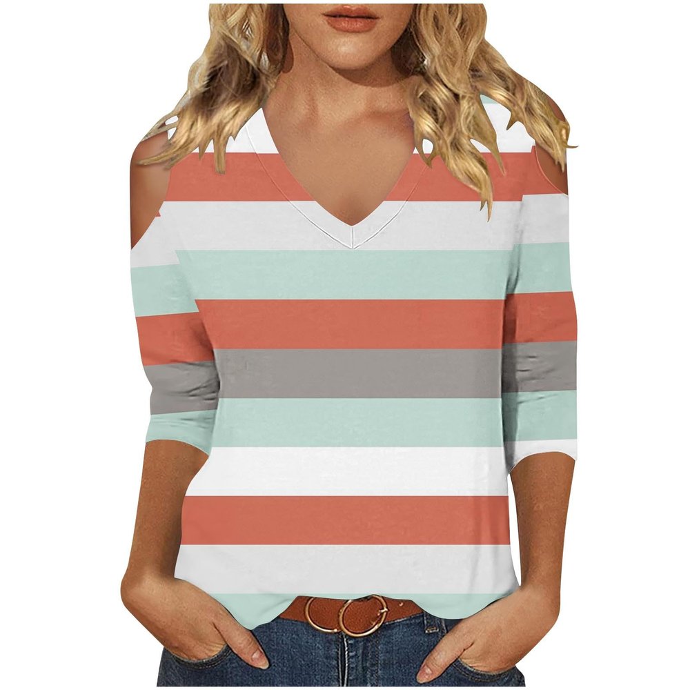3/4 Length Sleeve Womens Tops Sexy Off The Shoulder Tops for Women Summer V Neck T-Shirt Solid Color /Graphic Tees 2025 Casual Clothes Business Dressy Top Trendy Going Out Shirts Boho Fashion Cute