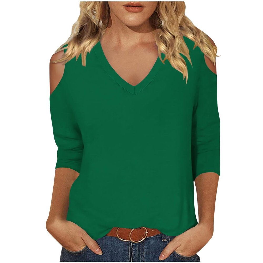 3/4 Length Sleeve Womens Tops Sexy Off The Shoulder Tops for Women Summer V Neck T-Shirt Solid Color/Graphic Tees 2025 Casual Clothes Business Dressy Top Trendy Going Out Shirts Boho Fashion Cute