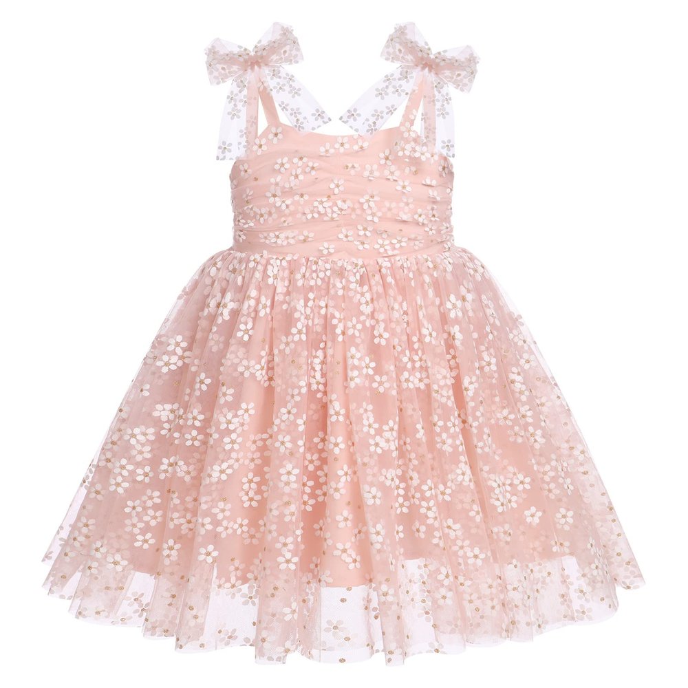 ABEHIK Baby Girls 1st Birthday Outfit Toddler Kids Bowknot Flower Spaghetti Straps Tulle Tutu Princess Dress Pageant Holiday Cake Smash Photoshoot Wedding Guest Party Dress Pink 3-4Y