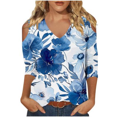 3/4 Length Sleeve Womens Tops Sexy Off The Shoulder Tops for Women Summer V Neck T-Shirt Solid Color/Graphic Tees 2025 Casual Clothes Business Dressy Top Trendy Going Out Shirts Boho Fashion Cute