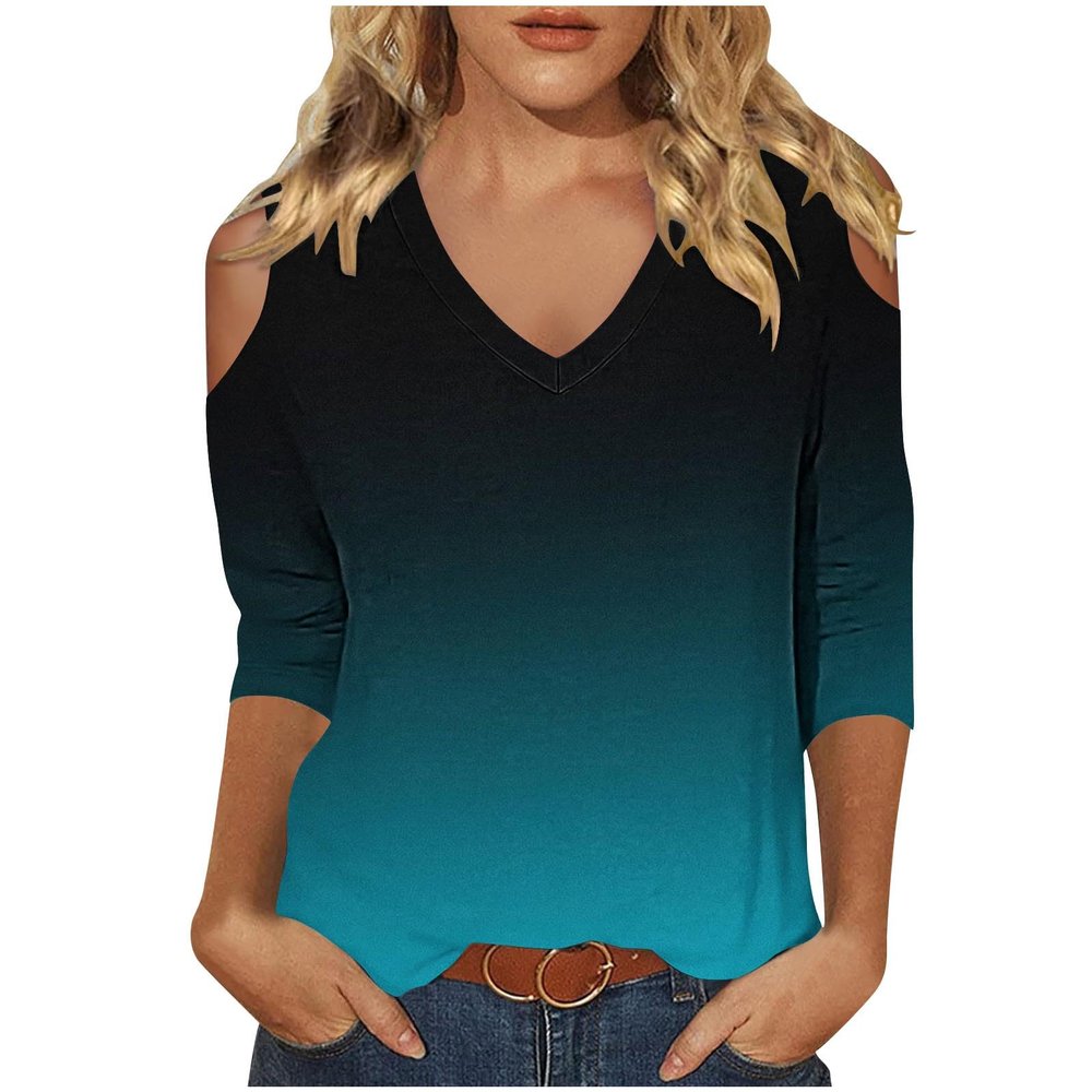 3/4 Length Sleeve Womens Tops Sexy Off The Shoulder Tops for Women Summer V Neck T-Shirt Solid Color/Graphic Tees 2025 Casual Clothes Business Dressy Top Trendy Going Out Shirts Boho Fashion Cute