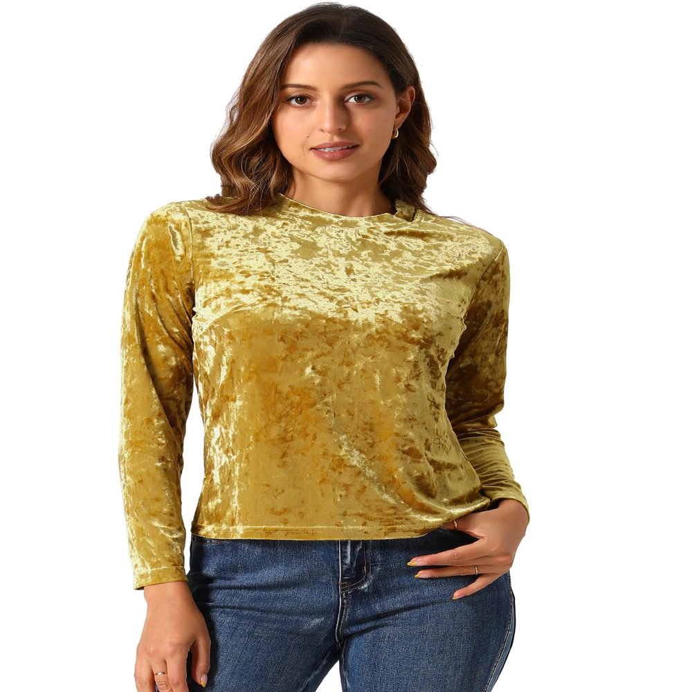 Allegra K Casual Velvet Top for Women's Soft Vintage Crew Neck Long Sleeve Christmas T-Shirt Medium Yellow