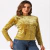 Allegra K Casual Velvet Top for Women's Soft Vintage Crew Neck Long Sleeve Christmas T-Shirt Medium Yellow view 4