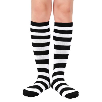Kids Child Soccer Socks Knee High Tube Socks Toddler Girls Uniform Socks Cotton Sport Stocking for Boys 1 Pair Black White Strip One Size
