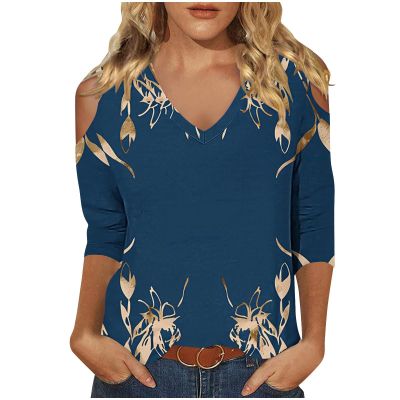 3/4 Length Sleeve Womens Tops Sexy Off The Shoulder Tops for Women Summer V Neck T-Shirt Solid Color /Graphic Tees 2025 Casual Clothes Business Dressy Top Trendy Going Out Shirts Boho Fashion Cute