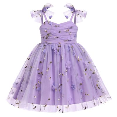 ABEHIK Toddler Girls Dresses Birthday Party Dress Baby Kids Bowknot Sequin Spaghetti Straps Tulle Tutu Princess Dress Floral Embroidery Cake Smash Photoshoot Dress Light Purple 2-3Y