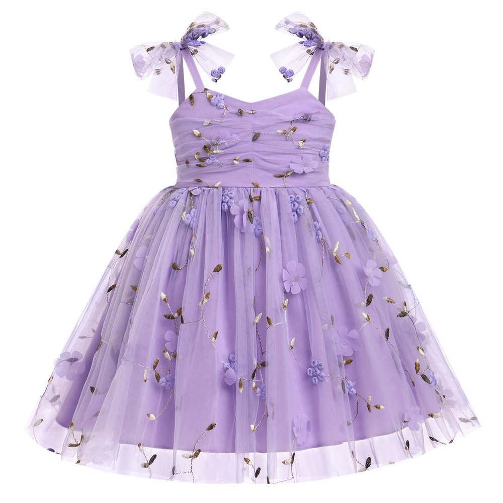 ABEHIK Toddler Girls Dresses Birthday Party Dress Baby Kids Bowknot Sequin Spaghetti Straps Tulle Tutu Princess Dress Floral Embroidery Cake Smash Photoshoot Dress Light Purple 2-3Y