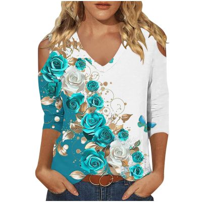 3/4 Length Sleeve Womens Tops Sexy Off The Shoulder Tops for Women Summer V Neck T-Shirt Solid Color /Graphic Tees 2025 Casual Clothes Business Dressy Top Trendy Going Out Shirts Boho Fashion Cute