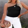 Women Ribbed Knit One-Shoulder Tank, Solid Color Sleeveless Slim Fitting Top Basic Shirts(Color:Black,Size:Medium) view 2