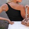 Women Ribbed Knit One-Shoulder Tank, Solid Color Sleeveless Slim Fitting Top Basic Shirts(Color:Black,Size:Medium) view 3