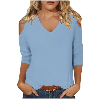 3/4 Length Sleeve Womens Tops Sexy Off The Shoulder Tops for Women Summer V Neck T-Shirt Solid Color/Graphic Tees 2025 Casual Clothes Business Dressy Top Trendy Going Out Shirts Boho Fashion Cute