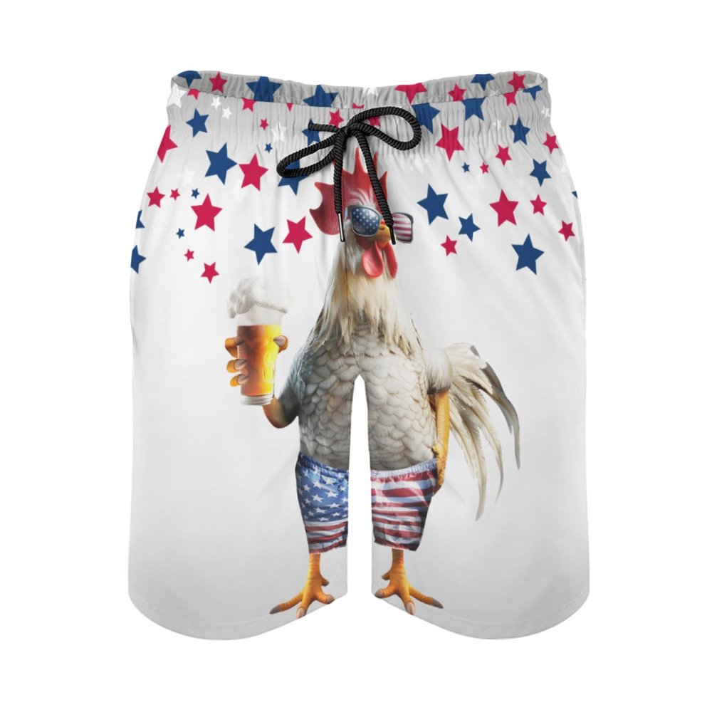 Pynnlts Funny Rooster Beer Men's Swim Trunks Chicken American Flag Stars Summer Board Shorts Drawstring Swimsuit with Pockets xx_l, XX-Large