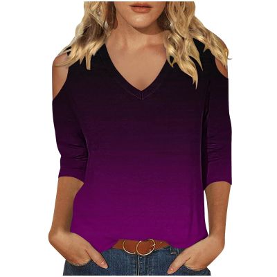 3/4 Length Sleeve Womens Tops Sexy Off The Shoulder Tops for Women Summer V Neck T-Shirt Solid Color/Graphic Tees 2025 Casual Clothes Business Dressy Top Trendy Going Out Shirts Boho Fashion Cute