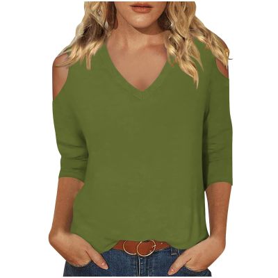 3/4 Length Sleeve Womens Tops Sexy Off The Shoulder Tops for Women Summer V Neck T-Shirt Solid Color/Graphic Tees 2025 Casual Clothes Business Dressy Top Trendy Going Out Shirts Boho Fashion Cute