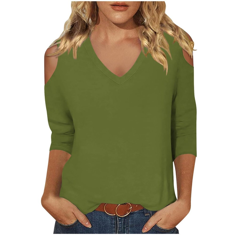 3/4 Length Sleeve Womens Tops Sexy Off The Shoulder Tops for Women Summer V Neck T-Shirt Solid Color/Graphic Tees 2025 Casual Clothes Business Dressy Top Trendy Going Out Shirts Boho Fashion Cute