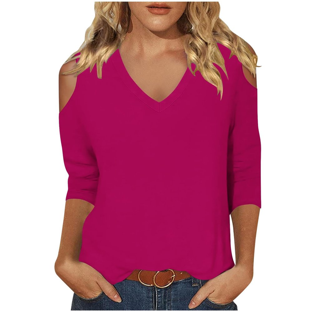 3/4 Length Sleeve Womens Tops Sexy Off The Shoulder Tops for Women Summer V Neck T-Shirt Solid Color/Graphic Tees 2025 Casual Clothes Business Dressy Top Trendy Going Out Shirts Boho Fashion Cute