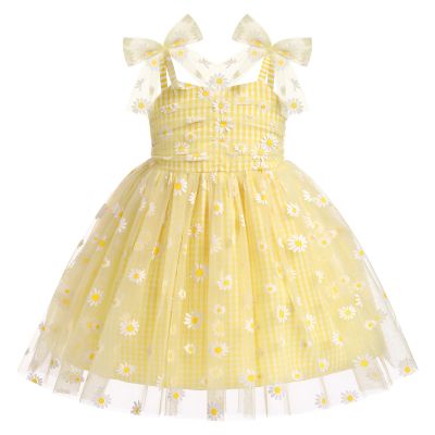 ABEHIK Baby Girls Birthday Party Dress Toddler Kids Bowknot Star Sequin Spaghetti Straps Tulle Tutu Princess Dress Pageant Holiday Cake Smash Photoshoot Dresses Yellow 18-24M
