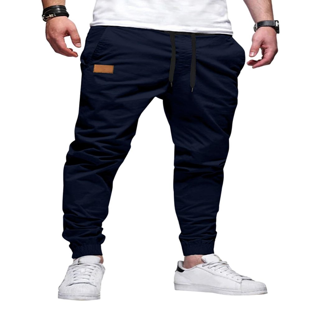 JMIERR Mens Casual Joggers Pants - Cotton Drawstring Chino Cargo Pants Twill Track Jogging Sweatpants Travel Essentials with Pockets, 2XL, Midnight Blue