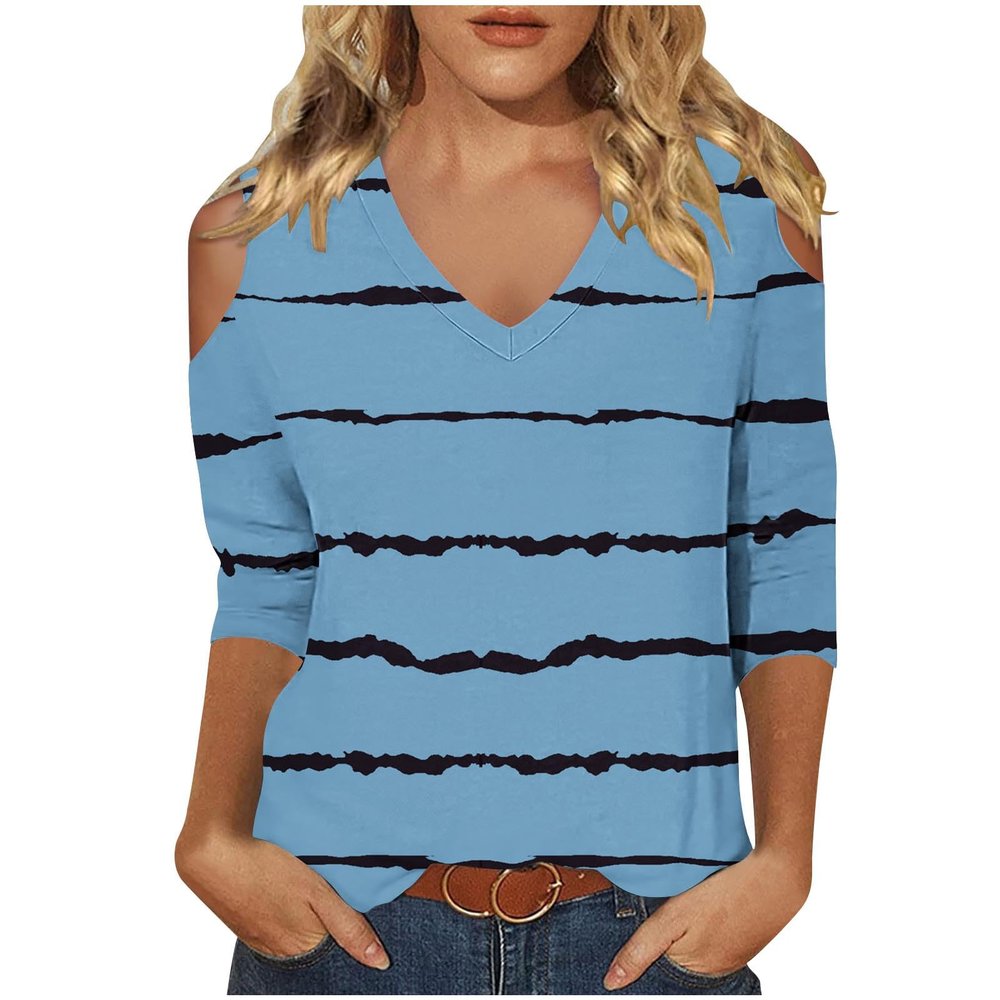 3/4 Length Sleeve Womens Tops Sexy Off The Shoulder Tops for Women Summer V Neck T-Shirt Solid Color /Graphic Tees 2025 Casual Clothes Business Dressy Top Trendy Going Out Shirts Boho Fashion Cute