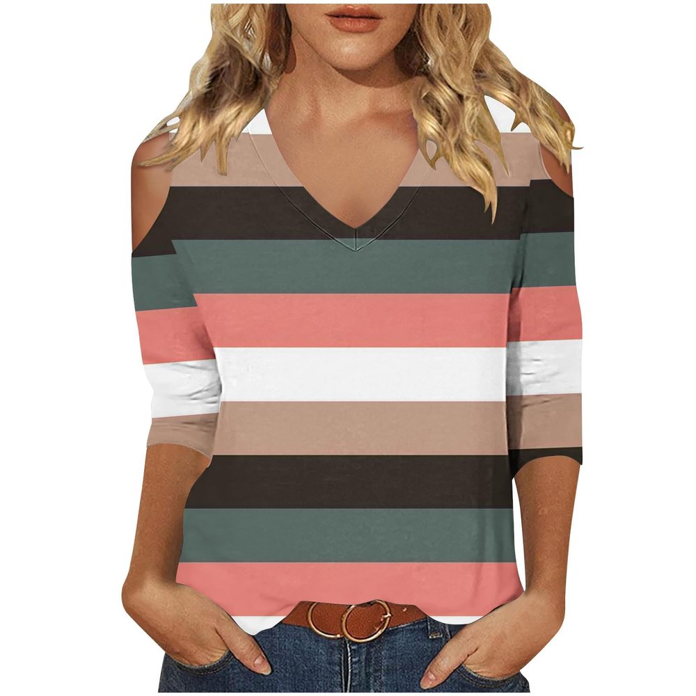 3/4 Length Sleeve Womens Tops Sexy Off The Shoulder Tops for Women Summer V Neck T-Shirt Solid Color /Graphic Tees 2025 Casual Clothes Business Dressy Top Trendy Going Out Shirts Boho Fashion Cute