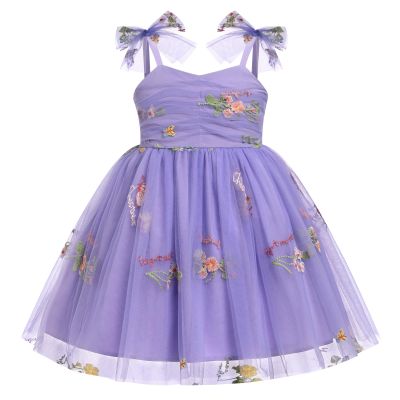 ABEHIK Baby Girls Birthday Party Dress Toddler Kids Bowknot Sequin Spaghetti Straps Tulle Tutu Princess Dress Floral Embroidery Cake Smash Photoshoot Dresses Purple 6-12M