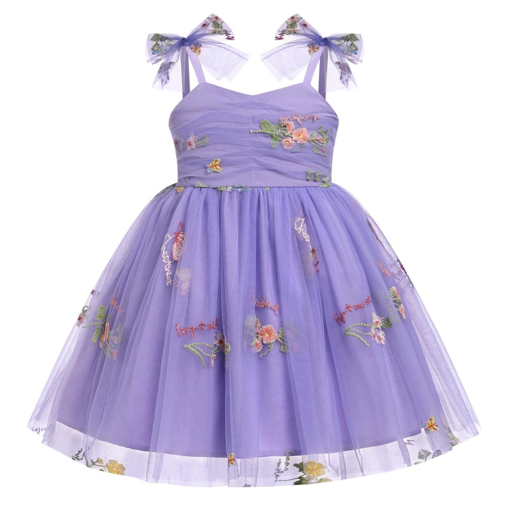 ABEHIK Baby Girls Birthday Party Dress Toddler Kids Bowknot Sequin Spaghetti Straps Tulle Tutu Princess Dress Floral Embroidery Cake Smash Photoshoot Dresses Purple 6-12M