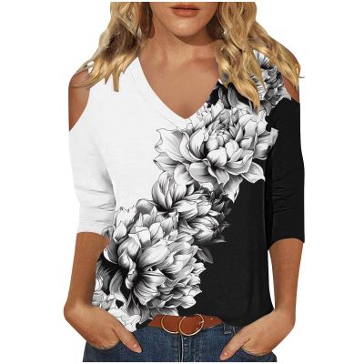 3/4 Length Sleeve Womens Tops Sexy Off The Shoulder Tops for Women Summer V Neck T-Shirt Solid Color /Graphic Tees 2025 Casual Clothes Business Dressy Top Trendy Going Out Shirts Boho Fashion Cute