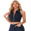 Allegra K Denim Halter Top for Women's Zipper Up Collared Sleeveless Jean Corset X-Large Black Blue view 1