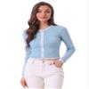 Allegra K Contrast Ribbed Knit Shirt for Women's Round Neck Button Decor Crop Sweater Tops X-Large Sky Blue view 1