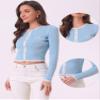 Allegra K Contrast Ribbed Knit Shirt for Women's Round Neck Button Decor Crop Sweater Tops X-Large Sky Blue view 2